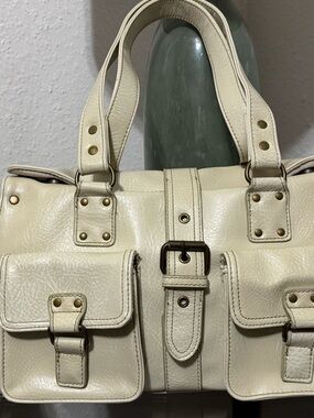 Cream Leather Satchel with Front Pocket Buckles